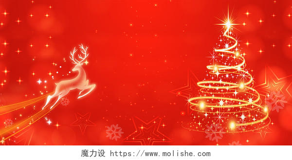 红色梦幻风格圣诞节圣诞树麋鹿海报背景
